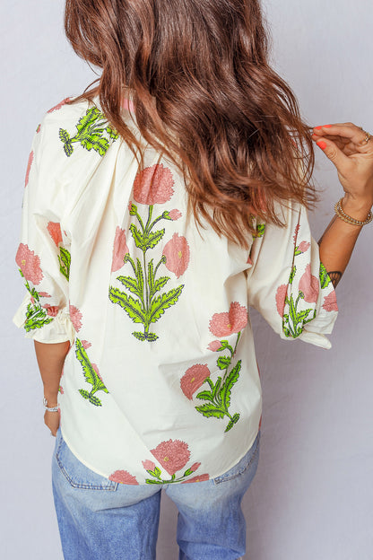 Floral Print Striped Trim V Neck Blouse