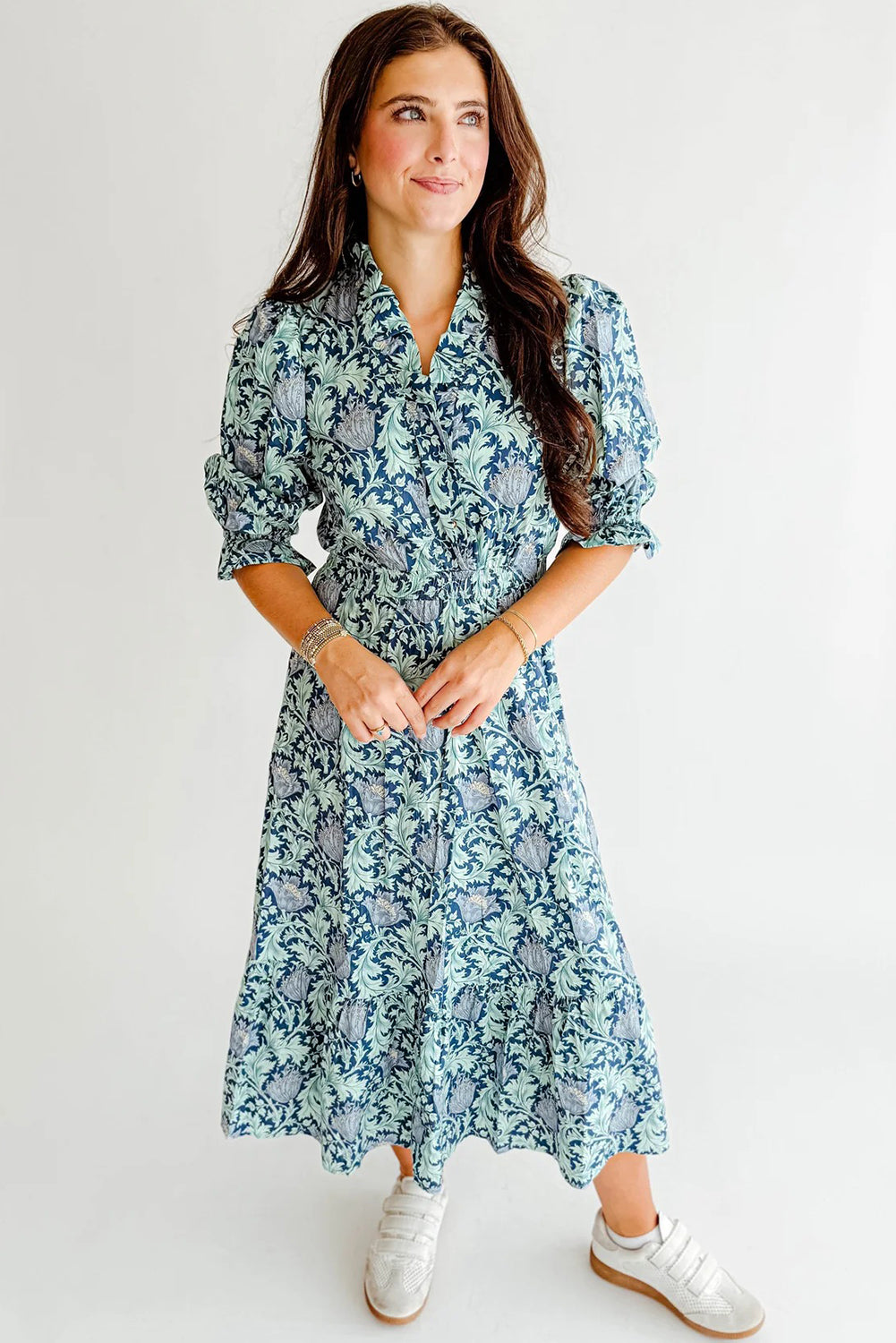 Floral Printed Frilled V Neck Bracelet Sleeve Long Dress