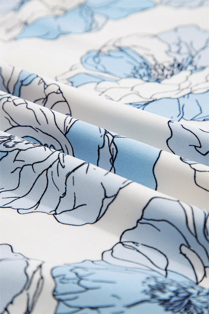 Sky Blue Floral Print Tie Neck Long Sleeve Flowy Mini Dress