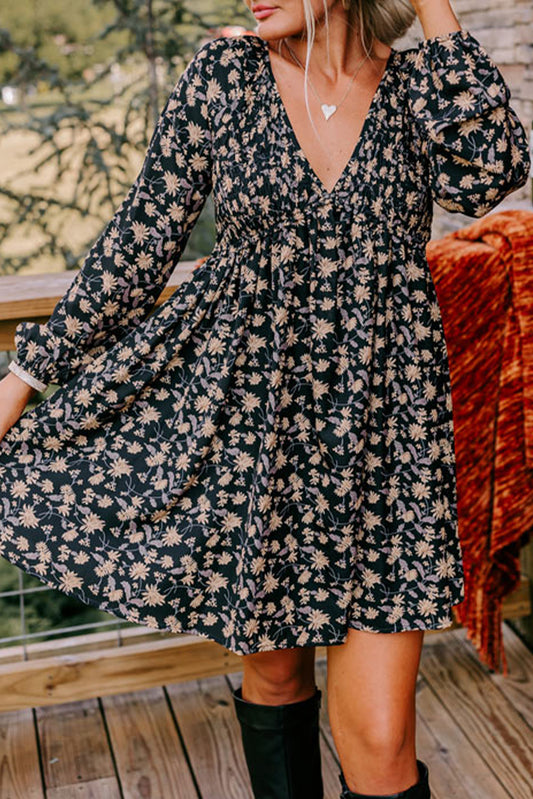 Floral Smocked V Neck Bubble Sleeve Babydoll Dress