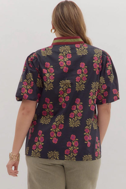 Plus Size Floral Print Ricrac Striped Trim Short Sleeve Cotton Blouse
