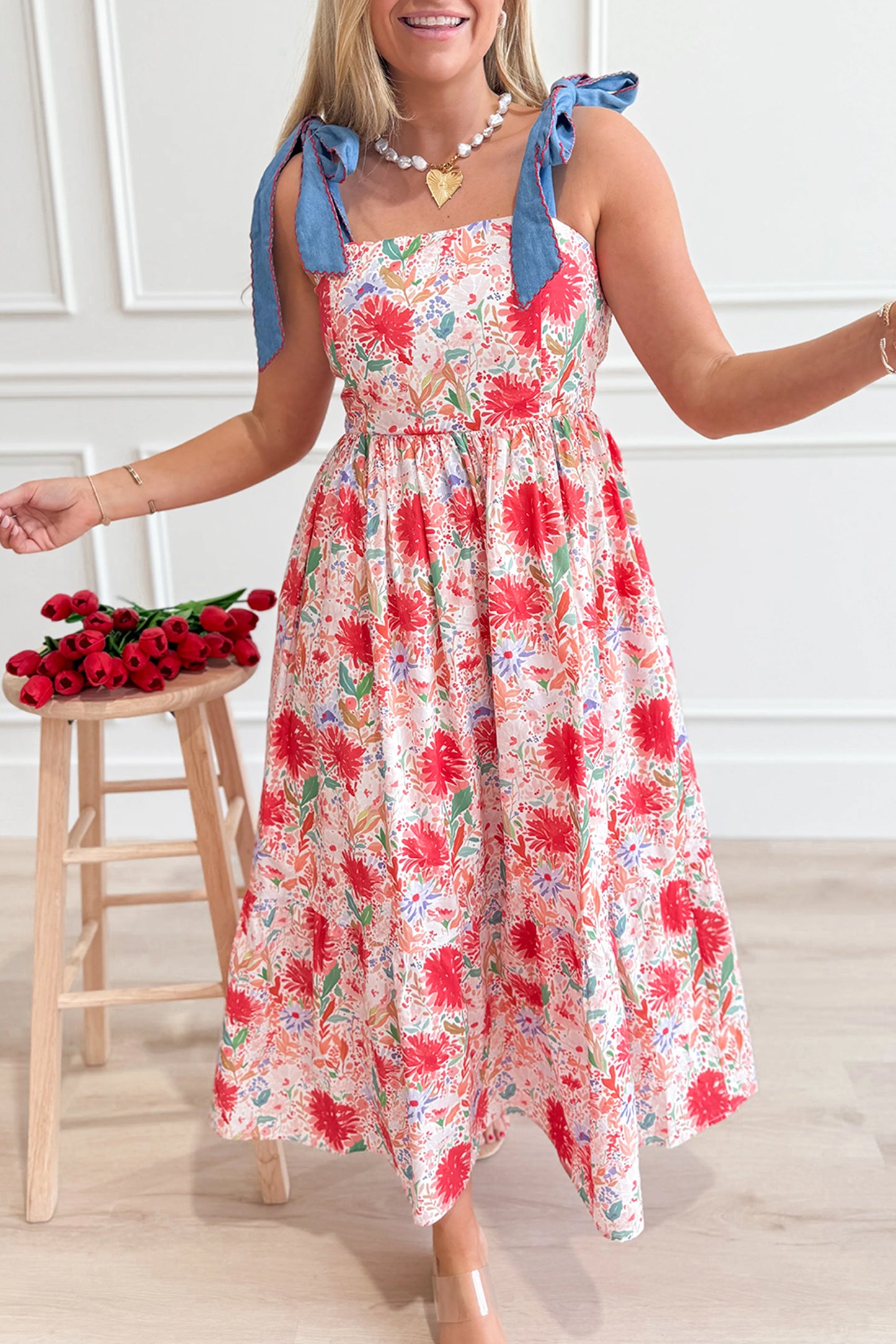 Floral Print Contrast Stitched Knot Denim Straps High Waist Dress