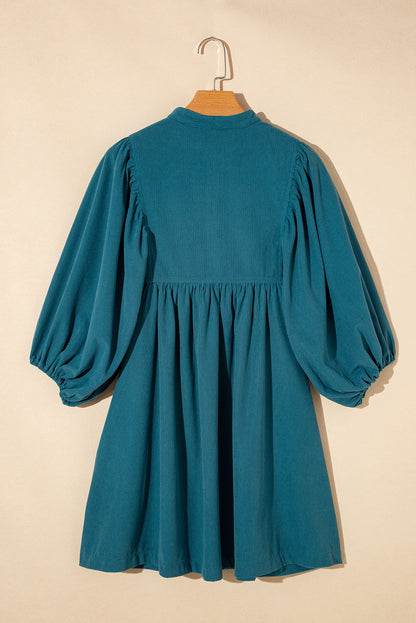 Light Snap Button Empire Waist Lantern Sleeve Corduroy Dress