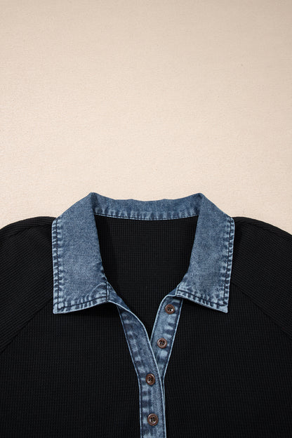 Black Plus Size Textured Contrast Denim Patchwork Button Polo Tee