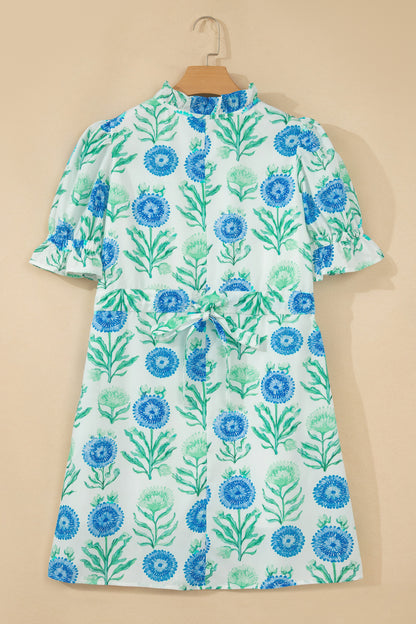 Sky Blue Floral Print Half Button Frilly Short Sleeve Dress