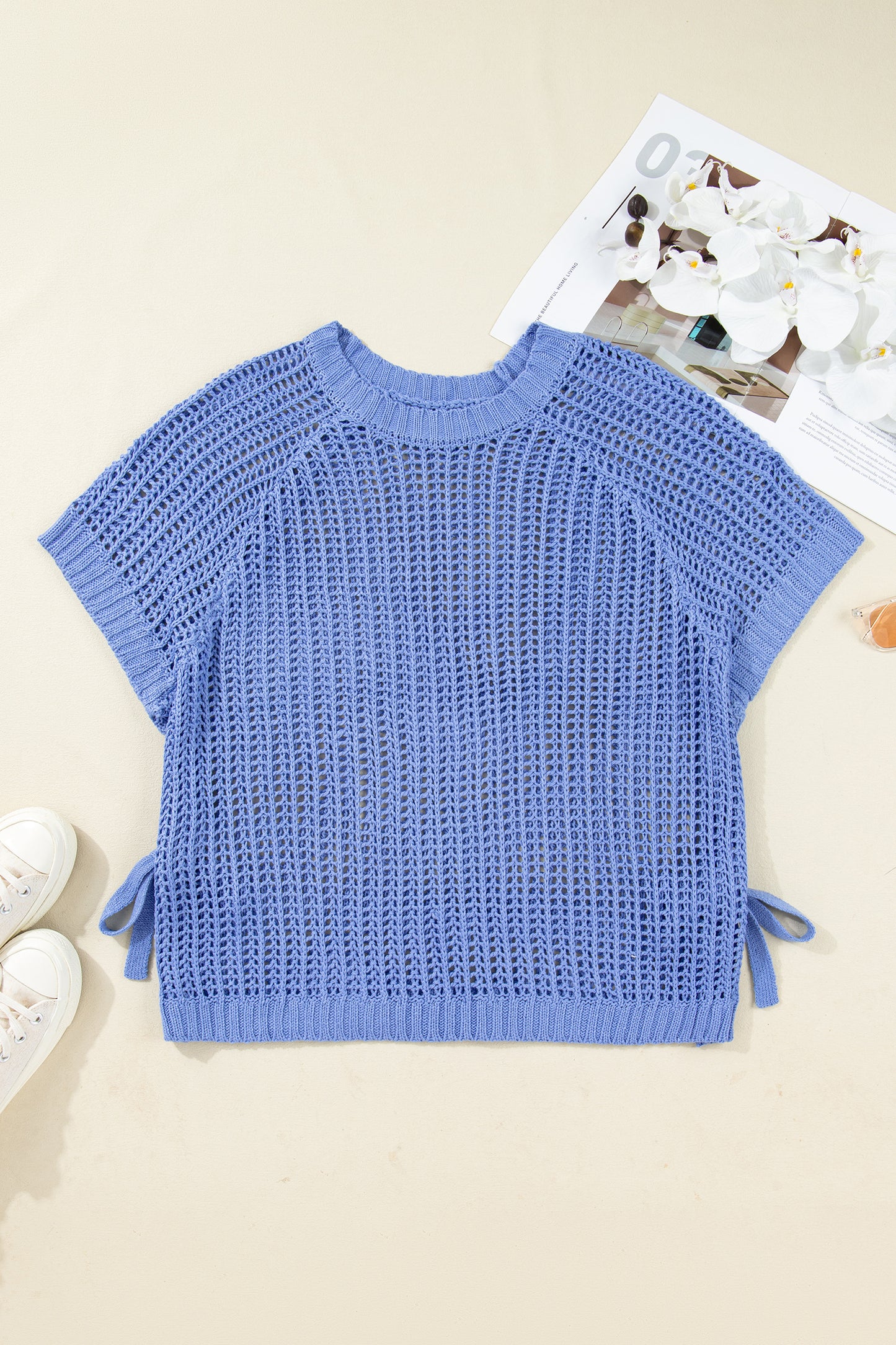 Open Knit Bow Tie Short Sleeve Sweater