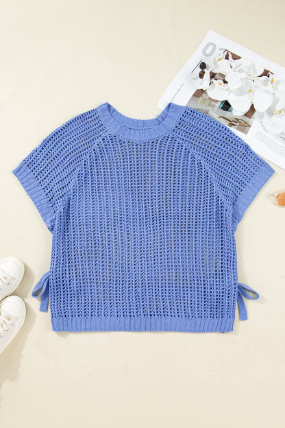 Open Knit Bow Tie Short Sleeve Sweater