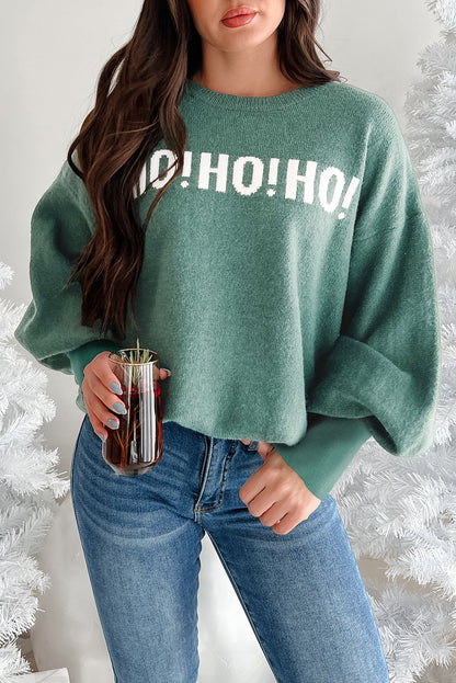 Green MERRY CHRISTMAS HO HO HO Drop Shoulder Loose Sweater