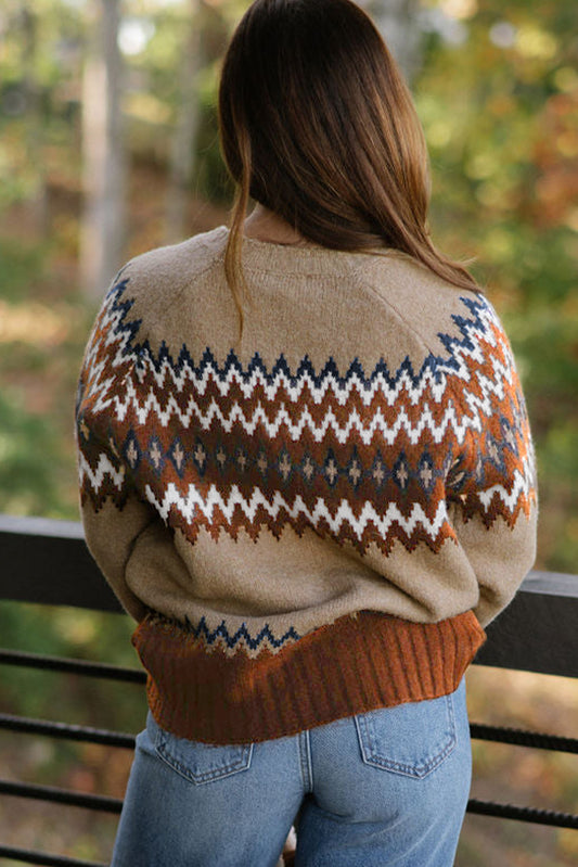 Khaki Geometric Print Colorblock Crew Neck Sweater