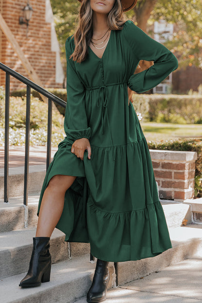 Solid Long Sleeve Button V Neck Tiered Maxi Dress