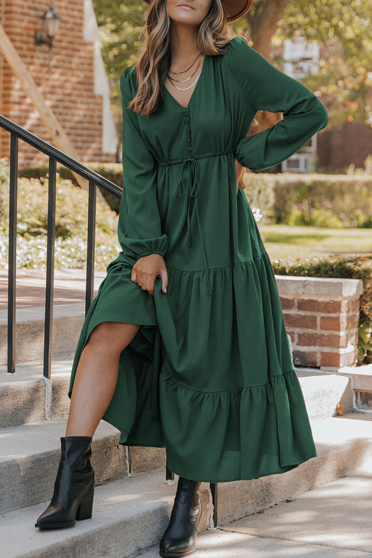 Solid Long Sleeve Button V Neck Tiered Maxi Dress