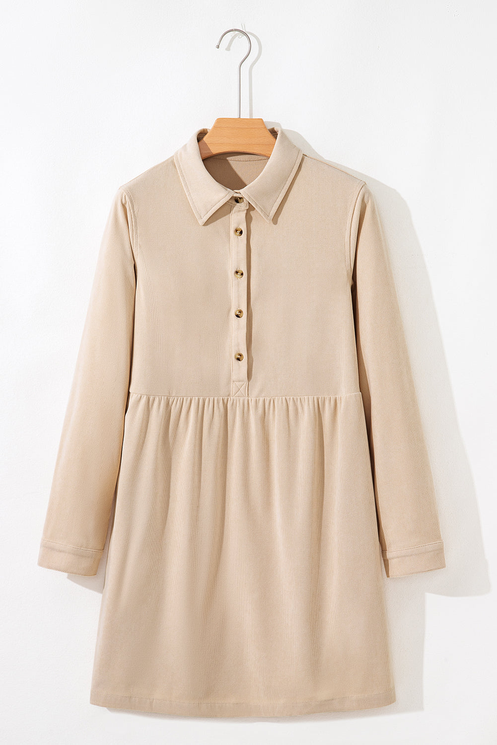 Corduroy Half Button Collared Long Sleeve Mini Dress
