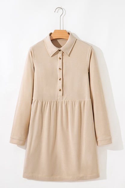 Corduroy Half Button Collared Long Sleeve Mini Dress