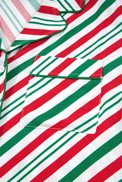 Green Striped Piping Trim Velvet Ribbon Knot Christmas Pajama Set