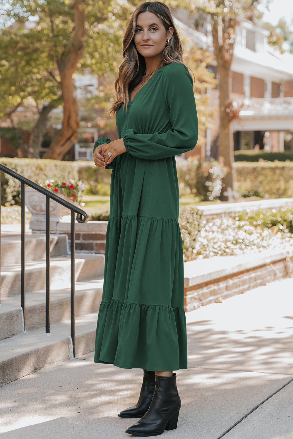 Solid Long Sleeve Button V Neck Tiered Maxi Dress