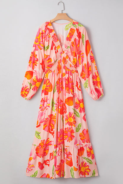 Beige Floral Print Shirred Detail Puff Sleeve Flowy Maxi Dress