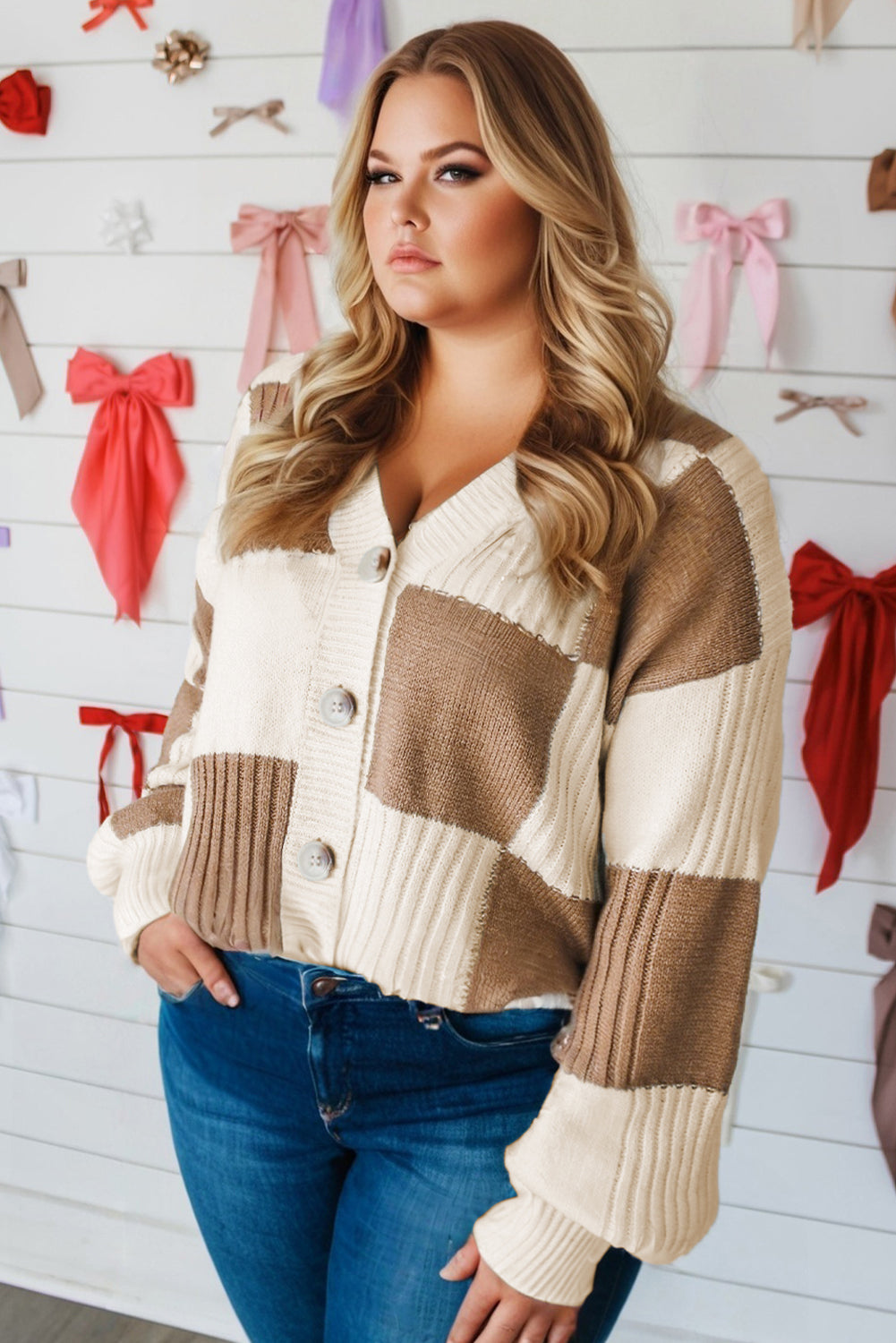 Khaki Checkered Ribbed Button Up Plus Size Cardigan