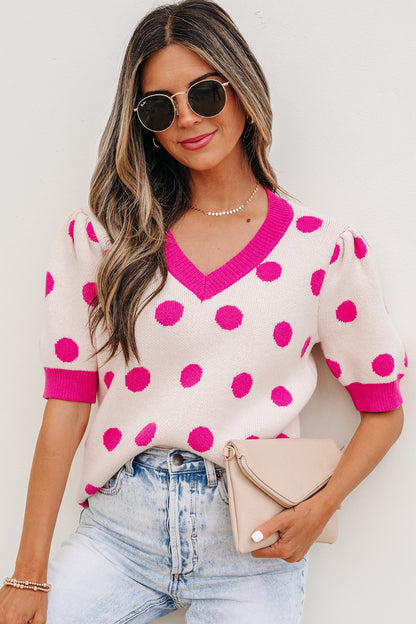 Polka Dot Puff Short Sleeve Sweater Top