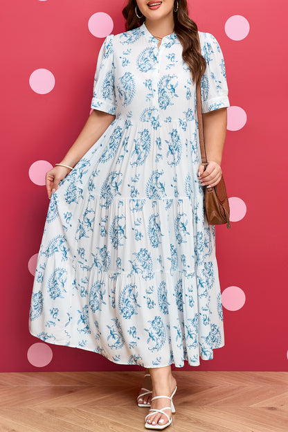 Sky Blue Plus Size Floral Print Button Split Neck Short Sleeve Maxi Dress