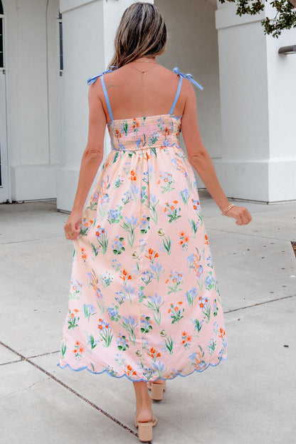 Floral Print Contrast Trim Self-tie Straps High Waist Midi Dress