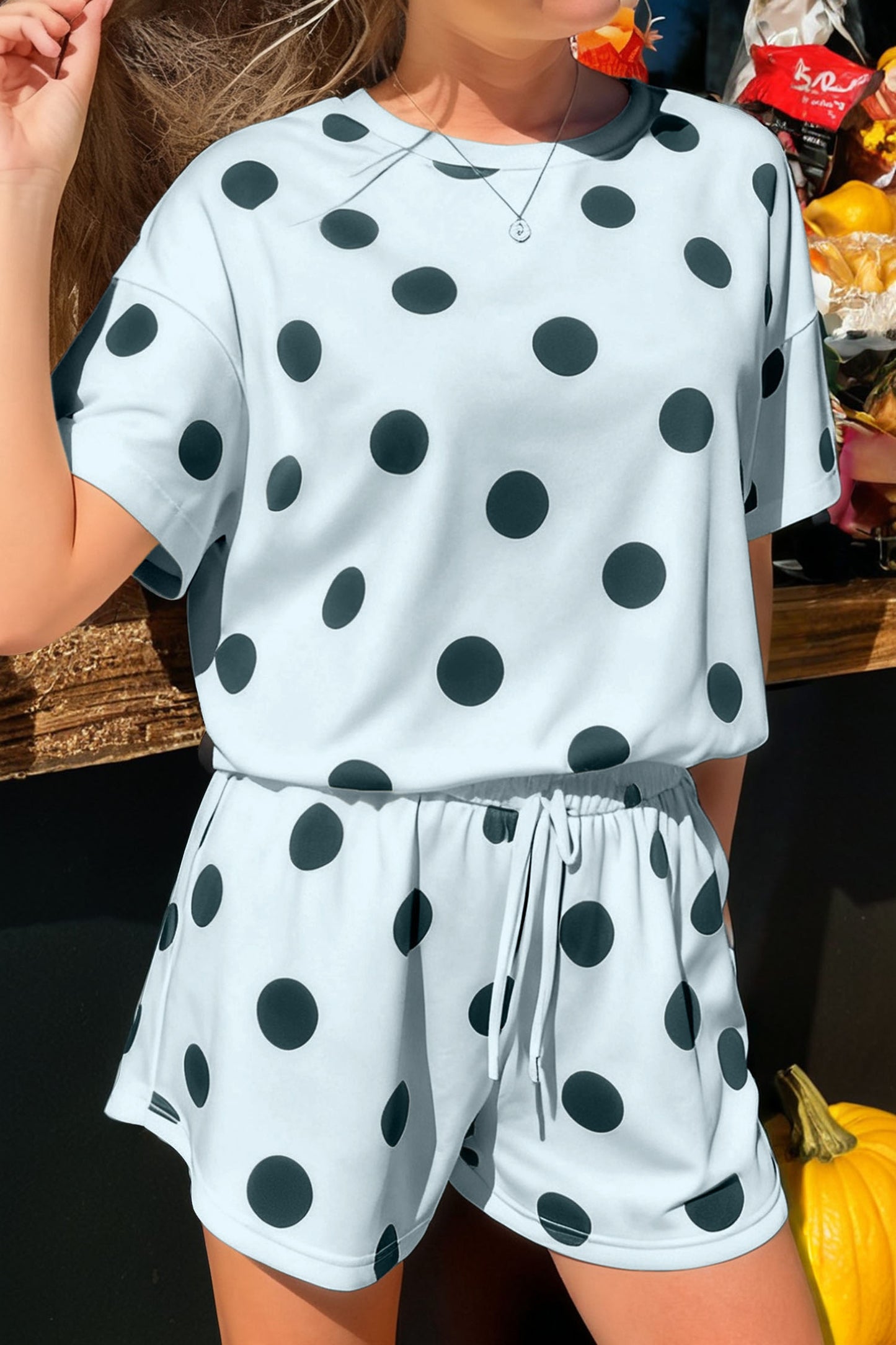 Polka Dot Print Loose Tee Drawstring Elastic Waist Short Set
