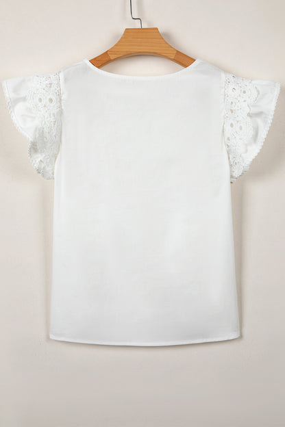 Bonbon Lace Detail Flutter Sleeve Pleated Round Neck Blouse