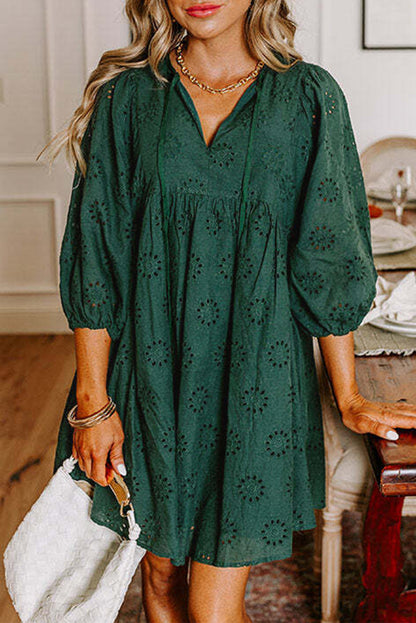 Green Embroidered Eyelet Pattern Puff Sleeve Mini Dress