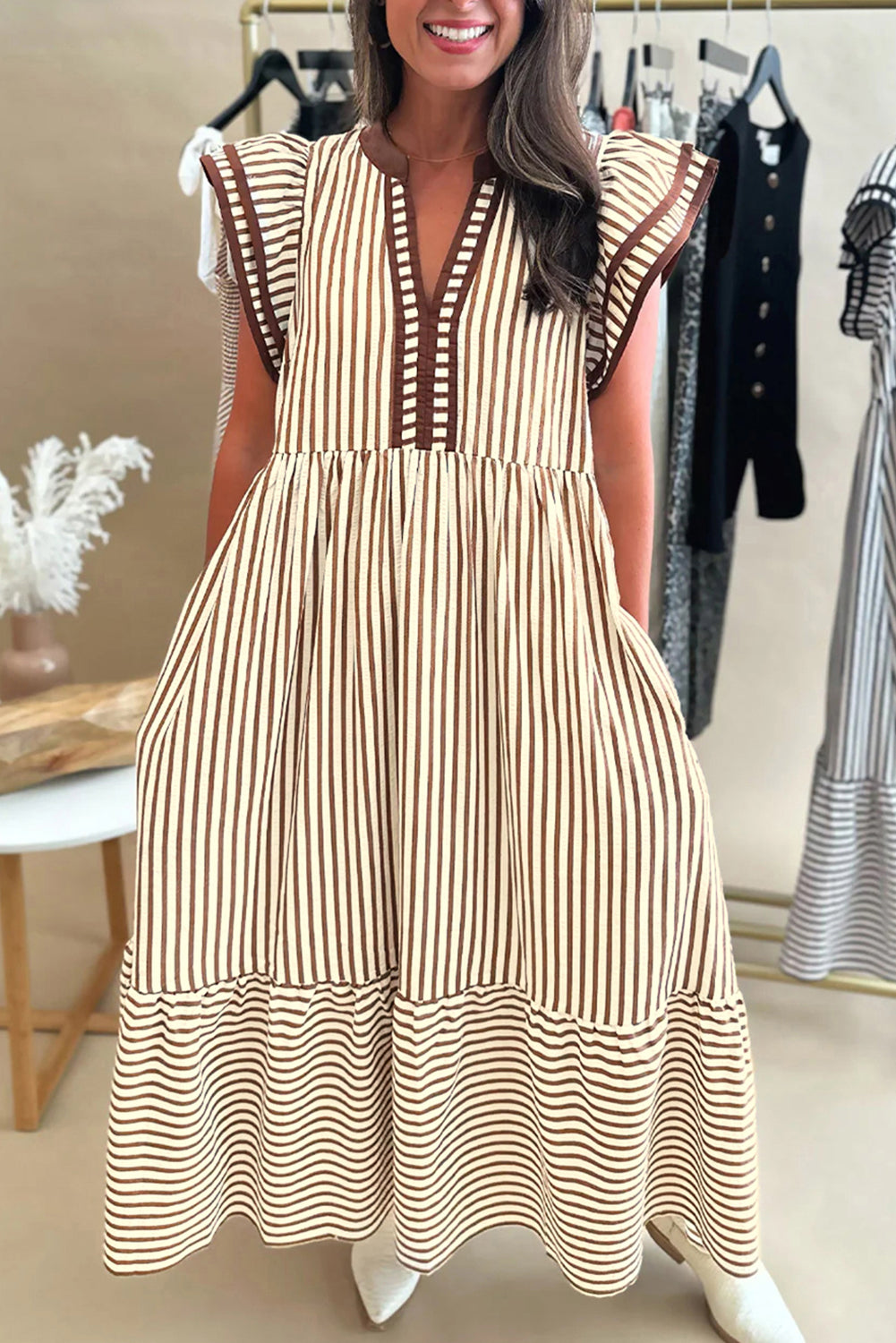 Stripe Double Ruffled Short Sleeve Contrast Trim V Neck Midi Dress