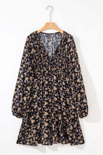 Floral Deep V Neck Smocked Bust Bubble Sleeve Babydoll Dress