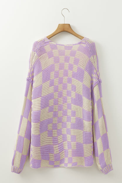 Rose Red Colorblock Checked Open Front Knitted Cardigan