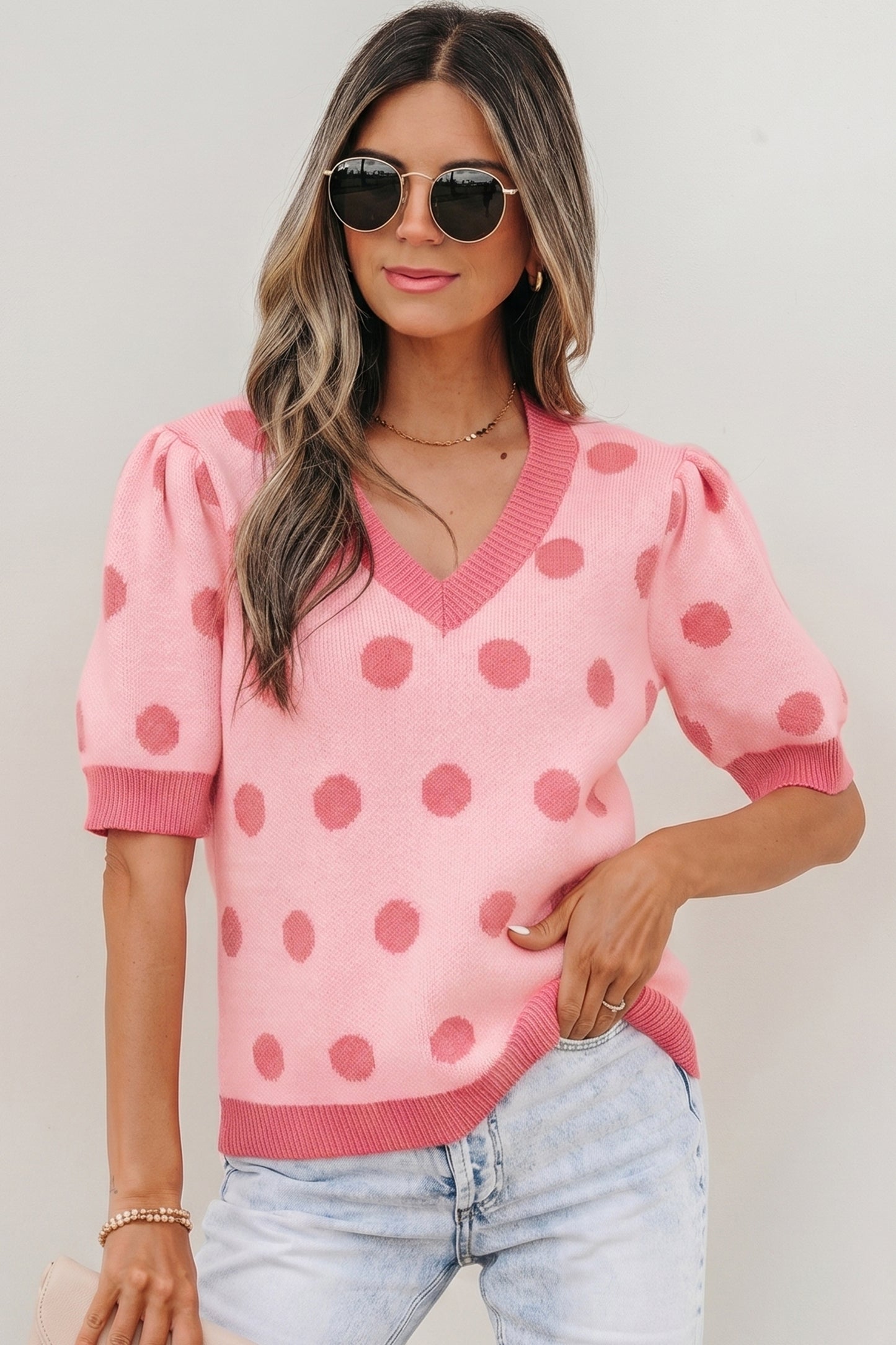 Polka Dot Puff Short Sleeve Sweater Top