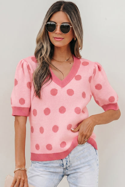 Polka Dot Puff Short Sleeve Sweater Top