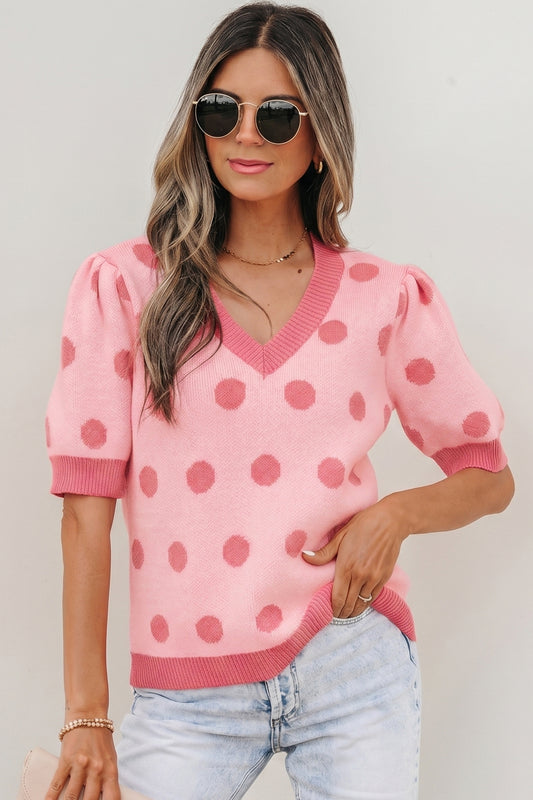 Polka Dot Puff Short Sleeve Sweater Top