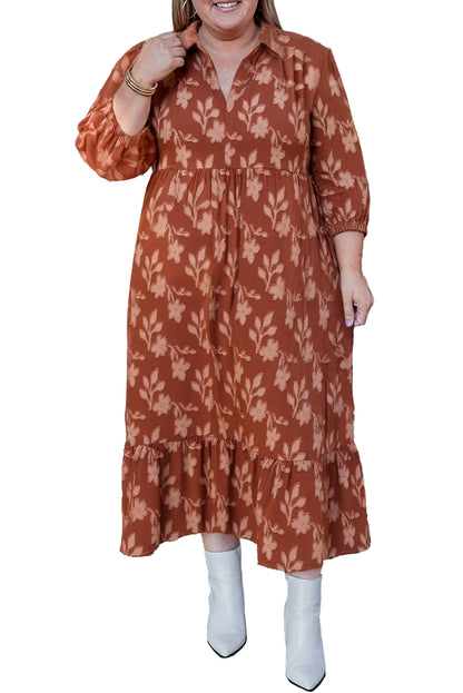 Plus Size Textured 3D Flower Pattern Ruffle Hem Midi Dress