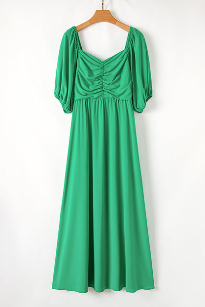 Bright Green Ruched Front Puff Sleeve Plus Size Dress