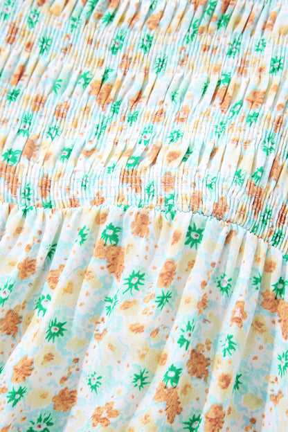 Floral Short Bubble Sleeve Shirred High Waist Maxi Dress
