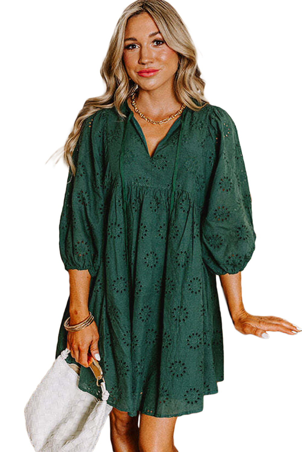 Green Embroidered Eyelet Pattern Puff Sleeve Mini Dress