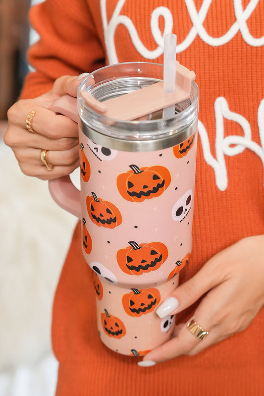 Orange Halloween Pumpkin Skull Print Handle Straw Tumbler