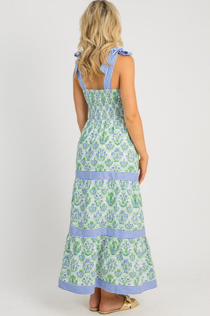 Geometric Floral Print Striped Patchwork Detail Sleeveless Dress