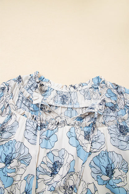 Sky Blue Floral Print Tie Neck Long Sleeve Flowy Mini Dress