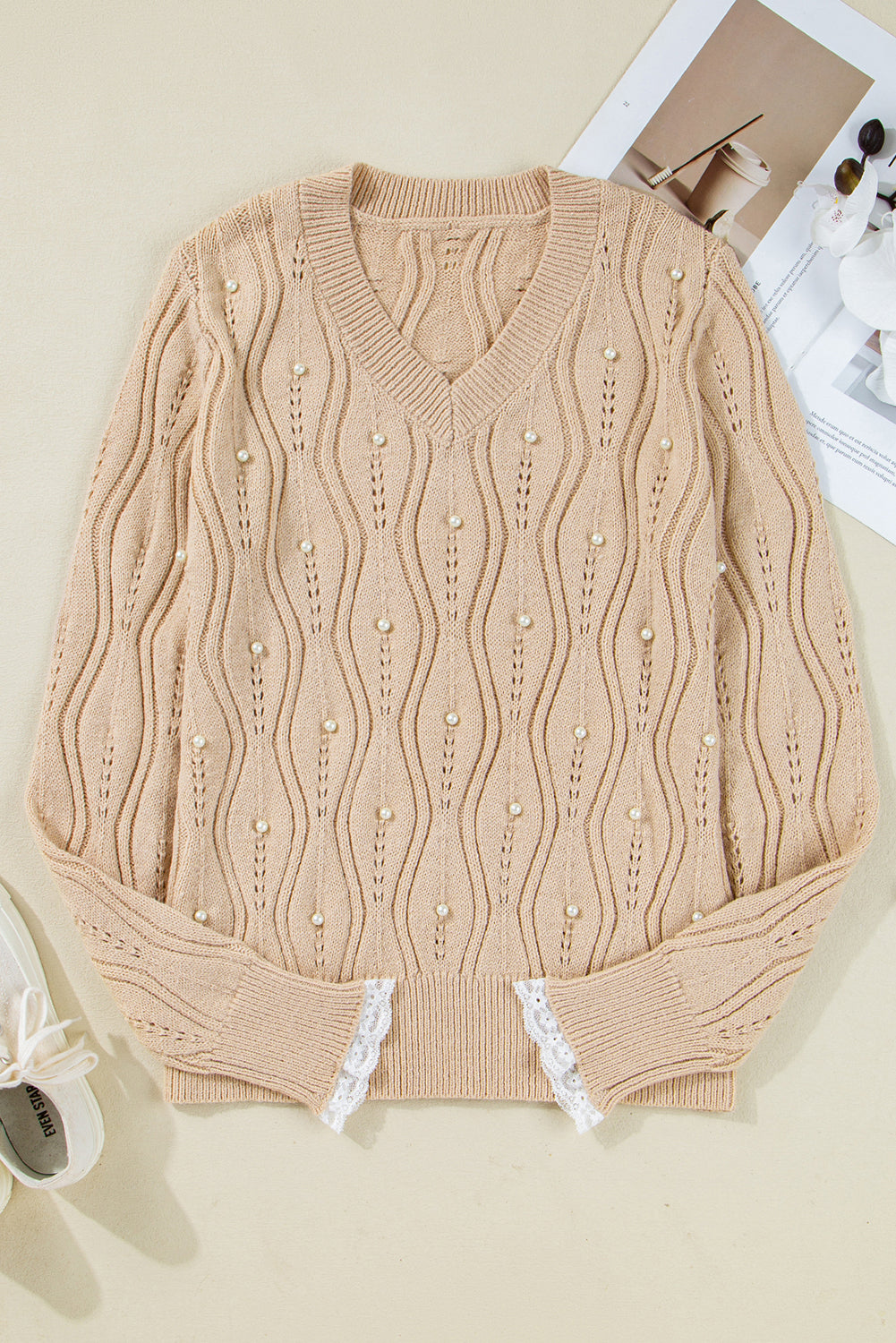 Beige Pearl Beaded Embellished Lace Applique Pointelle Knit Sweater