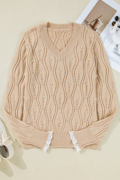 Beige Pearl Beaded Embellished Lace Applique Pointelle Knit Sweater