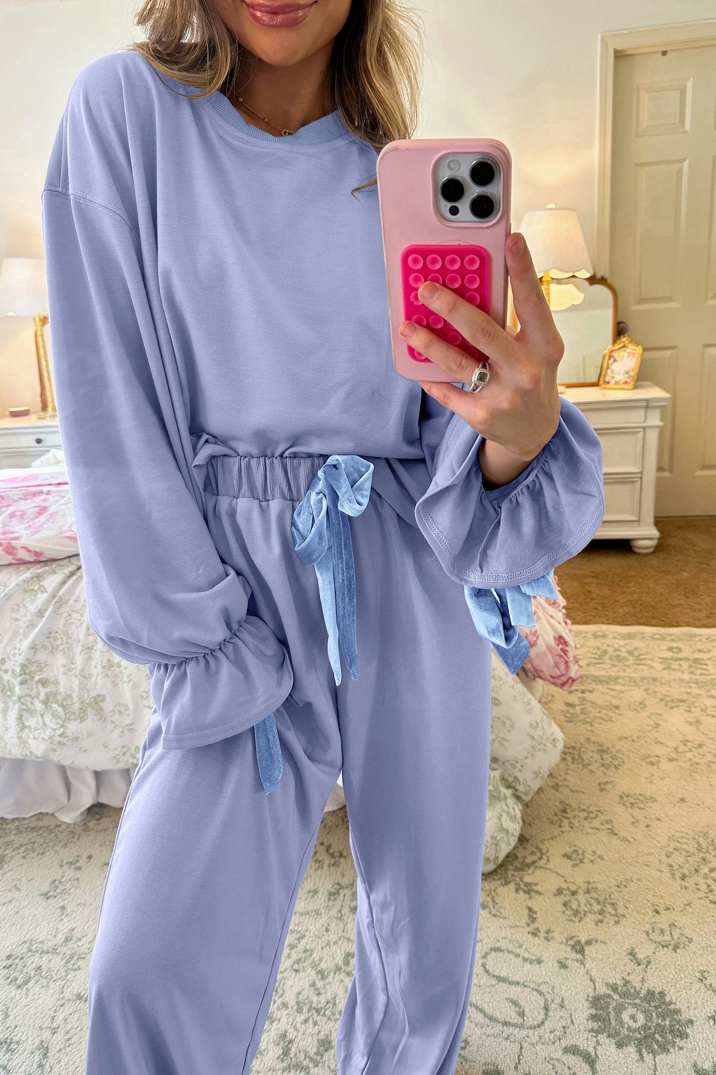 Beau Blue Flounce Long Sleeve Top Drawstring Pants Contrast Velvet Bow Knot 2pcs Lounge Set