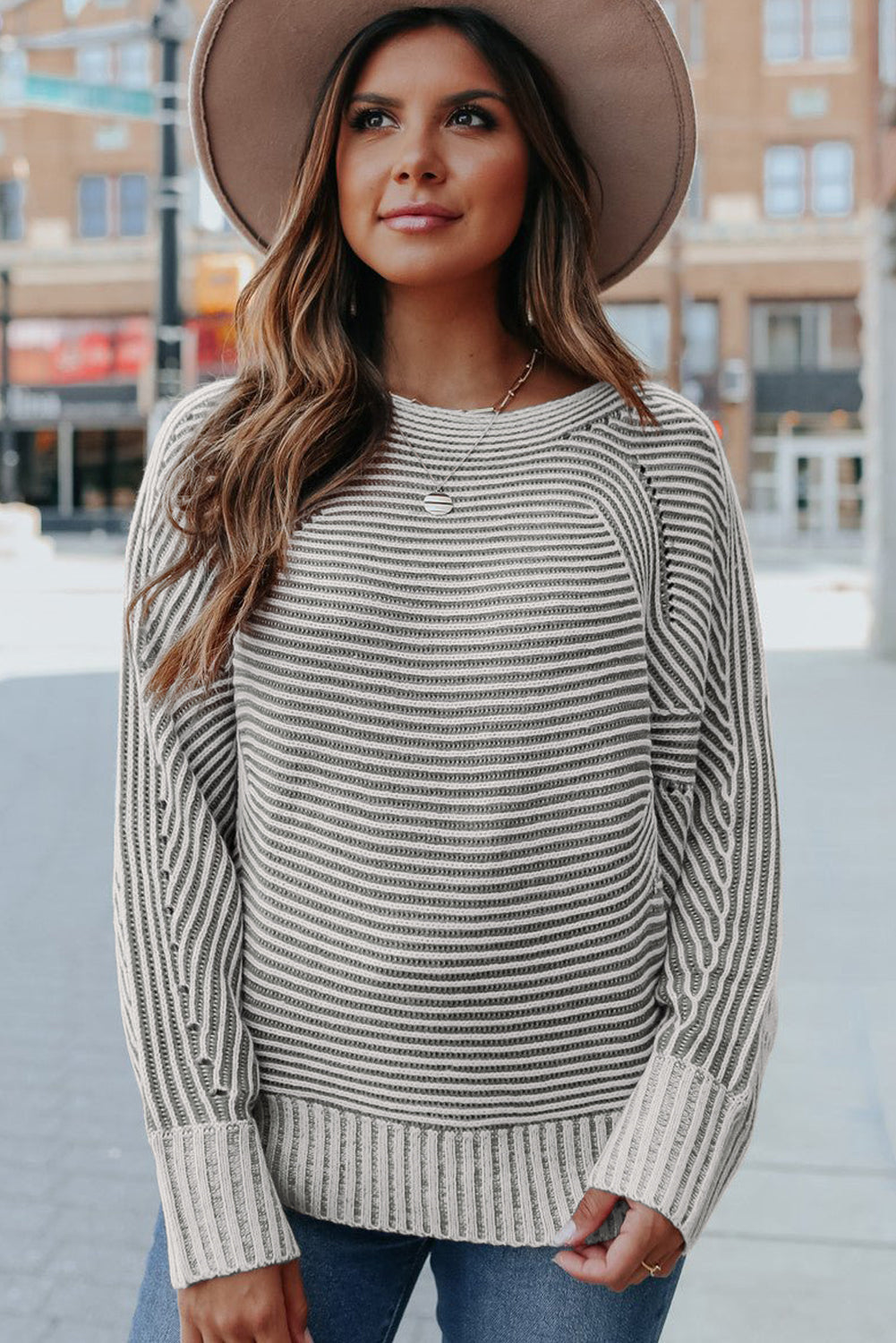 Striped Print Ribbed Knit Raglan Sleeve Baggy Sweater