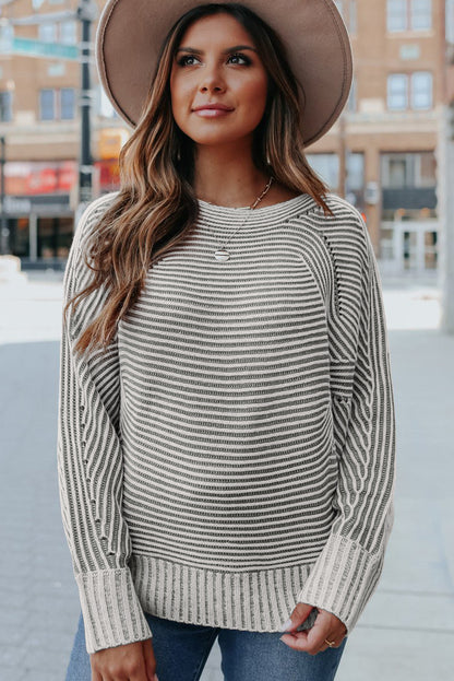 Striped Print Ribbed Knit Raglan Sleeve Baggy Sweater