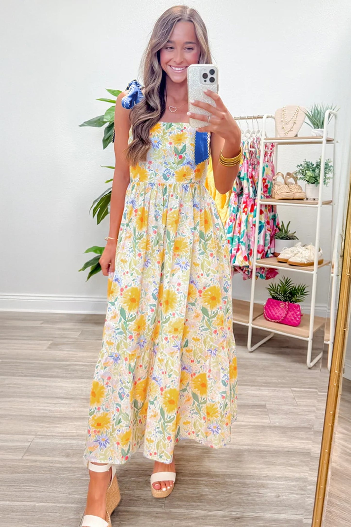 Floral Print Contrast Stitched Knot Denim Straps High Waist Dress