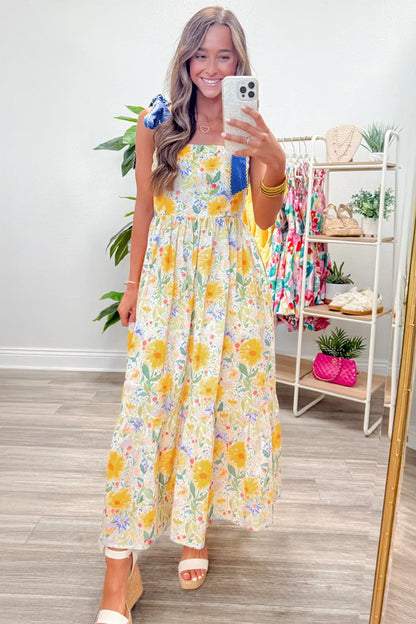 Floral Print Contrast Stitched Knot Denim Straps High Waist Dress