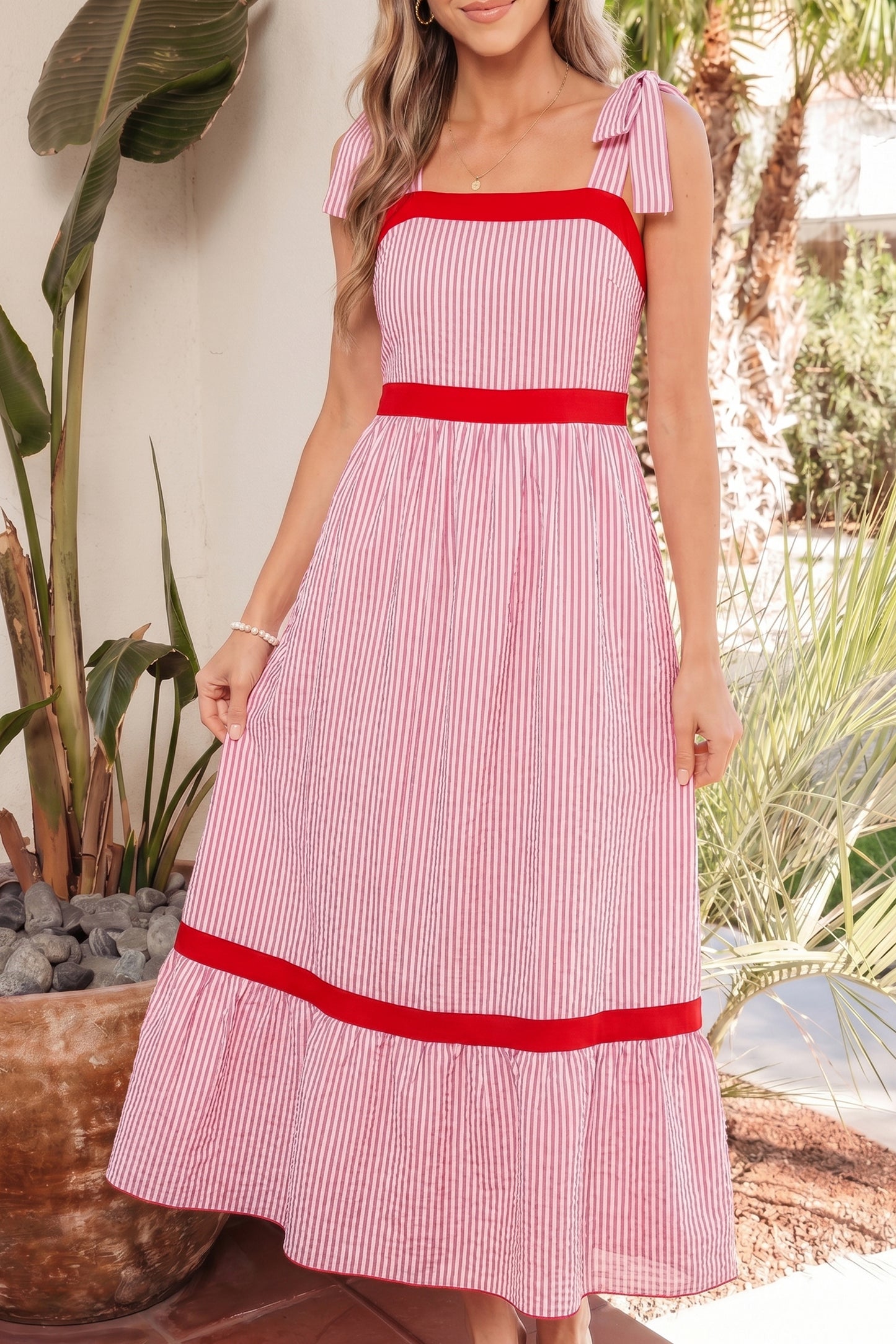 Red Stripe Bow Knot Straps Contrast Trim High Waist Ruffle Hem Maxi Dress