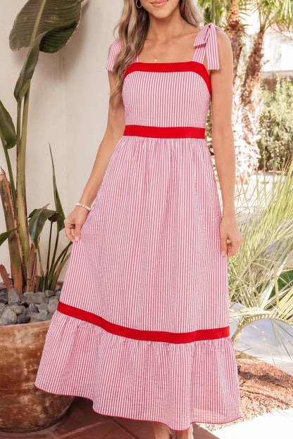 Red Stripe Bow Knot Straps Contrast Trim High Waist Ruffle Hem Maxi Dress