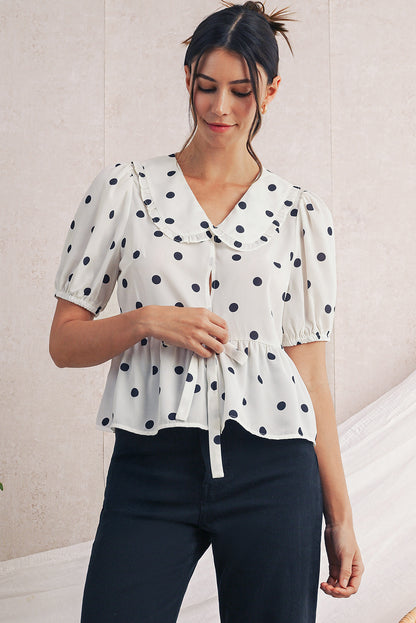 White Polka Dot Peter Pan Collar Bow Front Blouse